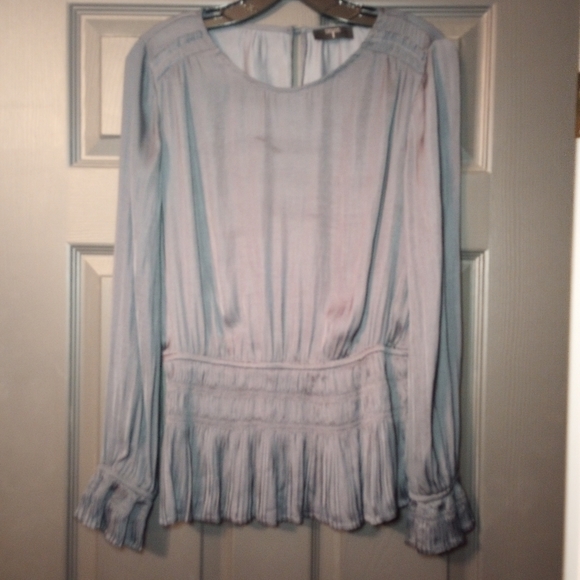 Tahari Sleek Ruffled Charcoal Blouse Ruched Smocked Waist Flattering Top Satin S - Picture 2 of 5